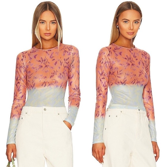 NWT MIAOU 90s Colorblock Floral Print Recycled Mesh Long Sleeve Slim Fit Top 2XL - Picture 1 of 6